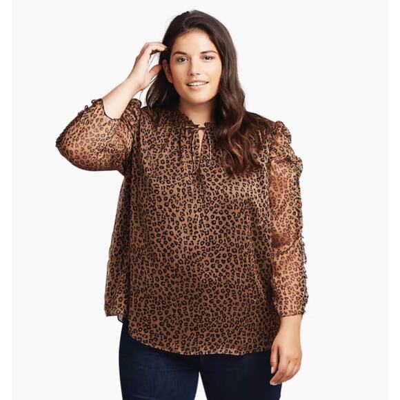 Cece Emery Ruffled Sheer Sleeve Leopard Print Shirt Womens Plus Size 1X - Picture 4 of 5